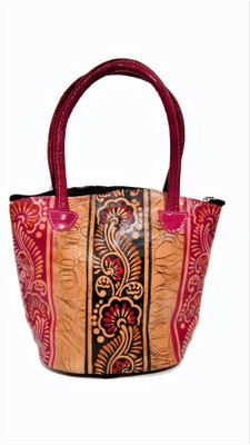 

snb handicrafts Design Handbags Bags Bucket Shape Shantiniketan Ethnic Handicraft Bags Genuine Leather Pink Waterproof Multipurpose Bag(Multicolor, 3 L)