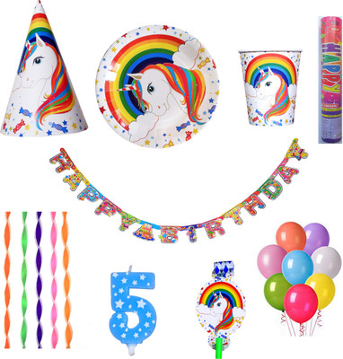 

PEPUP Unicorn Theme Kids 5th Birthday Party Decoration combo pack for 12 Children - 73 pcs, with 5th Birthday Number Candle(Set of 73)