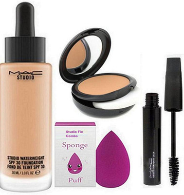 

studio fix combo Sponge Puff, Mac Studio Water weight SPF 30 Found De Teint , Studio Fix Compact & Hauty And Naughty Mascara(Set of 4)