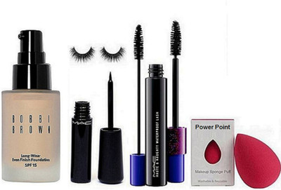 

power point Sponge Puff & bobbi brown long wear Liquid Foundation, Eyeliner, Houte Naughty Double Effect Mascara with Eyelashes(Set of 5)