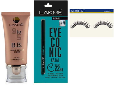 

glorist Eyelashes and Lakme 9 to all in one cream and eyeconic kajal(Set of 3)