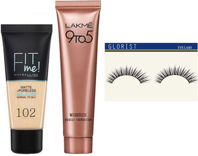 

glorist eyelash and Fit me Maybelline Matte + Poreless Foundation &Lakme a9 To 5 Weightless Mousse Foundation(Set of 3)