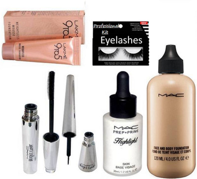 

professional kit Eyelashes, Mac Face & Body Foundation, Highliter, Brooke Candy Eyeliner&Mascara, Lakme Mousse Foundation(Set of 6)