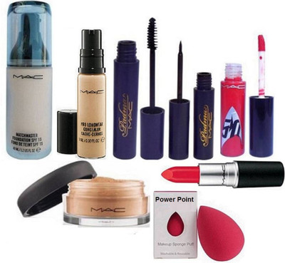

power point sponge puff & mac matchmaster liquid foundation & pro longwear concealer&mac matte finish lipstick& mac loose powder& mac star treck lip gloss &mac liquid last eyeliner+mascara(Set of 8)