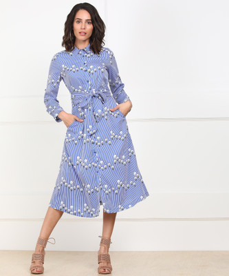 Tokyo Talkies Women Shirt White, Blue Knee Length Dress