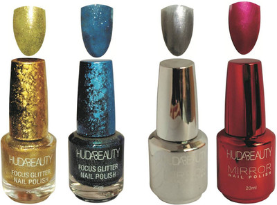 

Huda Beauty GLITTER AND MIRROR NAIL POLISH PEPPY GOLD, PURE BLUE, SILVER, CHILLY RED(Pack of 4)