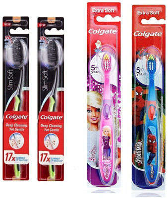 

Colgate 360 Charcoal Slimsoft 2pc-Barbie 1pc & Spiderman 1pc Toothbrush for family pack Ultra Soft Toothbrush(Pack of 4)