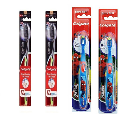 

Colgate 360 Charcoal Slimsoft Bristles 2 Toothbrush & 2 Kids Spidermen Toothbrush (family pack) Ultra Soft Toothbrush(Pack of 4)
