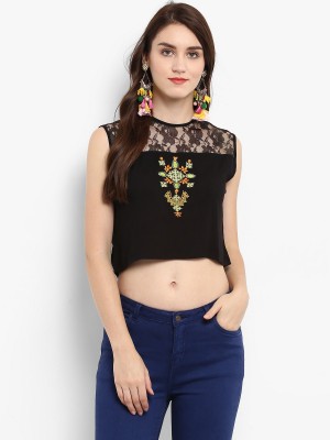 ZIMA LETO Casual Sleeveless Embroidered Women Black Top