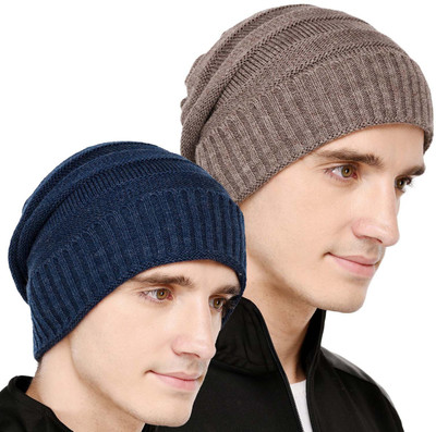 VR Designers Self Design Beanie Cap(Pack of 2)
