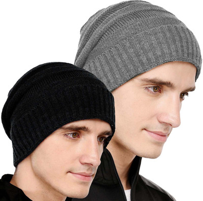 VR Designers Self Design Beanie Cap(Pack of 2)