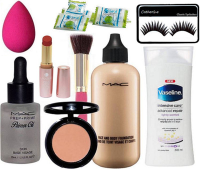 

catherine Eyelashes with Makeup Brush,Mac Face & Body Foundation,Blusher,Prep+Prime Face Primer,Lakme 9 to 5 Matte Primer Lipstick, Vaseline Intensive Care Advanced Repair Body lotion with magic napkin pack of 4(Set of 12)