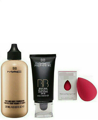 

BB MAC face and body foundation, prep + prime BB beauty balm spf 35 & 1 sponge puff. (combo set of 3)(Set of 3)