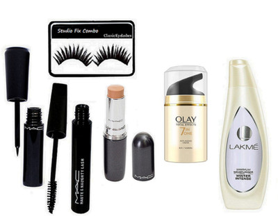 Studio Fix Combo eyelashes, mac liner+mascara,stick concealer, olay , lakme body lotion(Set of 6)