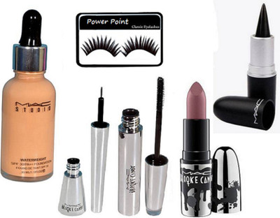 

Power point Eyelashas, Mac Broke Candy Eyeliner, Mascara, Lipstick ,Stick Kajal, Stodio Waterweight Foundation(Set of 6)