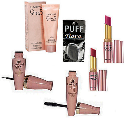 

TIARA Silicon Puff , Lakme 9to5 Weight Less Mousse , Primer Matte Lipstick Pack Of 2 , Eyeliner & Mascara(Set of 6)