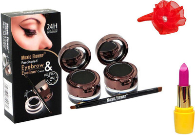 

Music Flower 2 In 1 Long Lasting Eyeliner Gel & Eyebrow Powder (2 Eye Liner And 2 Black Eyebrow Powder), Lipstick and Band(Set of 4)