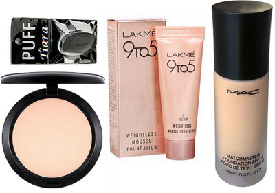 

TIARA Silicon Puff , Mac Studio Fix Compact , Lakme 9to5 Weight less Mousse , Match Master Foundation(Set of 4)