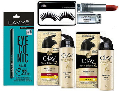 

Ellie Eyelashes & Olay Anti Ageing Cream 20gm Pack Of 2 & Eyeconic Kajal & Enrich Lipstick(Set of 5)