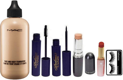 

catherine eyelashes, mac face and body foundation, padma eyeliner & mascara, stick concealer, lakme 9to5 lipstick(Set of 6)