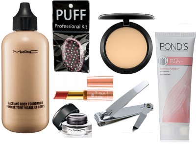 

Professional kit Silicon Puff, Mac Face And Body Foundation, Compact, Gel Eyeliner & Nail Cutter & Ponds White Beauty Face Wash & Lakme 9 to 5 Prime Matte Lipstick(Set of 7)