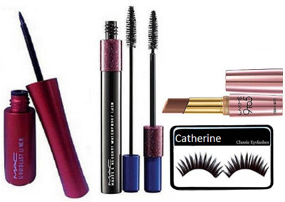 

catherine eyelashes ,liquid last eyeliner , double effect mascara with primer+matte lipstick(Set of 4)