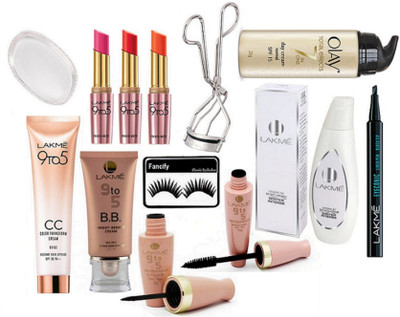 

fancify Eyelashes & SIlicon Puff,lakme 9 To 5 BB Cream Foundation,CC Cream,primer+matte Lipstick(pack Of 3),eyeliner,mascara,eyelashes Curler With Lakme Pen Eyeliner & Maximum Moisture Winter Intense Cream Body Lotion,Olay Total Effect 7 In 1 Day Cream(se