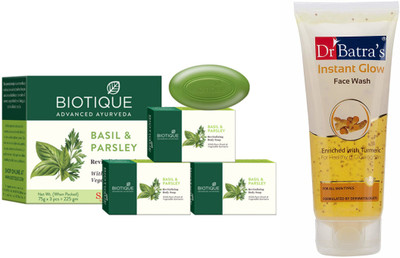 

Biotique Bio Basil and Parsley Revitalizing Body Soap-75*4=300gm (Buy 3 get 1 free) and Dr Batra's Instant Glow Face Wash-100gm(Set of 2)