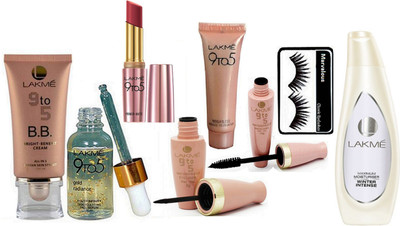 

marvalous eyelashes , Lakme 9 to 5 bb benefit bright cream , gold radiance face serum,waterproof eyeliner & mascara ,weightless mousse, primer matte lipstick with maximum moisturiser body lotion(Set of 8)