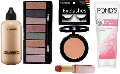 

catherine eyelashes, mac face and body foundation, 8 shade eyeshadow palette, star trik blusher, lakme 9to5 lipstick, ponds white beauty face wash,(Set of 6)