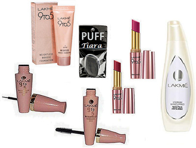 

TIARA Silicon Puff , Lakme 9to5 Weight Less Mousse , Primer Matte Lipstick Pack Of 2 , Eyeliner & Mascara , Lakme Body Lotion(Set of 7)