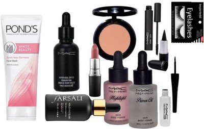 

Importedd Eyelashes, Mac Hyper Real Foundation, matte finish lipstick ,volcanic elixir face serum , blusher, prep+prime primer oil & pink highlighter , liquid eyeliner & zoom lash mascara with stick kajal, Pond's White Beauty Spot-Less Fairness Face Wash(