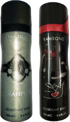 

RAMSONS SEXY HEART DEODORANT SPRAY 200ML+CHAMPION DEODORANT SPRAY 200ML Deodorant Spray - For Men(150 ml, Pack of 2)