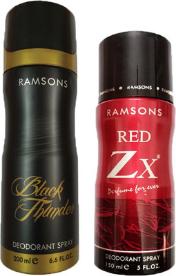 

RAMSONS RED ZX DEODORANT SPRAY 150ML +BLACK THUNDER DEODORANT SPRAY 200ML Deodorant Spray - For Men(150 ml, Pack of 2)