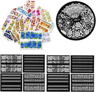 

STZ Nail Art Combo - 10 Sheets of Water Transfer Nail Art Stickers - 8 Sheets of Adhesive White Lace Nail Art Stickers - Nail Art Stamping Plate(white)