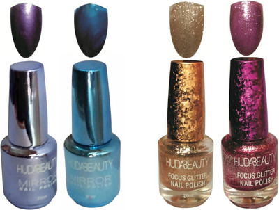 

Huda Beauty GLITTER AND MIRROR NAIL POLISH BRIDAL GOLDEN, BRIDAL PINK, SOFT BLUE, SOFT MOOVE(Pack of 4)