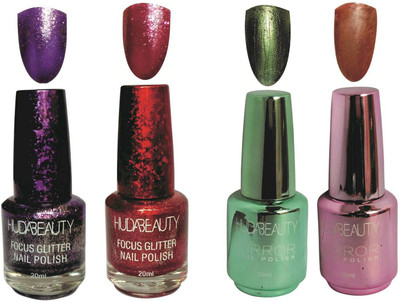 

Huda Beauty GLITTER AND MIRROR NAIL POLISH PARTY PULPLE, SAUCY RED, BOTTLE GREEN, BABY PINK(Pack of 4)