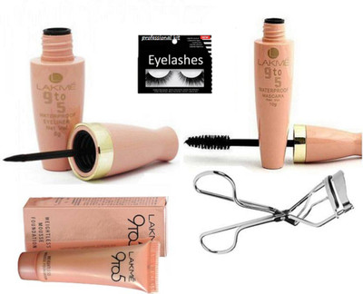 

Professional kit Eyelashes, Eyelashes Curler, Lakme 9to5 Mousse Foundaation, Eyeliner, Mascara(Set of 36)