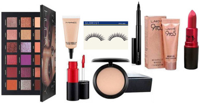 

glorist yelashes & Mac Pressed Powder Compact & beauty makeup illuminator & Pen Eyeliner& Liquid Lip gloss & Mac Select cover-up Concealer & 9 to 5 Weightless Mousse with lady gaga matte finish lipstick & Huda Beauty Palette(Set of 9)