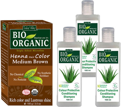 

Indus Valley Bio Organic Medium Brown Henna Hair Color with 3 Set of Colour Protection Shampoo Combo Pack(Set of 4)