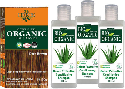 

24 Herbs Certified Organic Dark Brown Ammonia Free Hair Color with 3 Set of Colour Protection Shampoo Combo Pack(Set of 4)