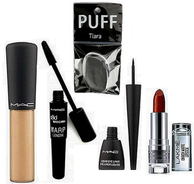 

tiara Silicon Puff , Mac Hyper Real Foundation , Mineralize Concealer , 180 Wrap Mascara , Eyeliner , Lakme Enrich Maroon Lipstick(Set of 6)