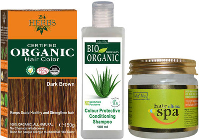 

24 Herbs Certified Organic Dark Brown Organic Hair Color with Hair Ultima Spa and Colour Protection Shampoo Combo Kit(Set of 3)
