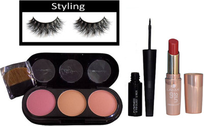 

styling Eyelashes, Mac 3 Shade Blusher, Liquid Last Eyeliner, Lakme 9to5 crease-less Lipstick(Set of 4)