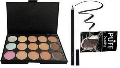 

Dazzling Silicon puff & 15 shades of concealer palette with kajal pencil(Set of 3)