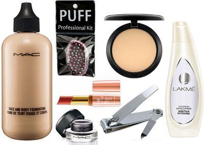 

Professional kit Silicon Puff, Mac Face And Body Foundation, Compact, Gel Eyeliner & Nail Cutter & Lakme Maximum Winter Intense Lotion & Lakme 9 to 5 Prime Matte Lipstick(Set of 7)