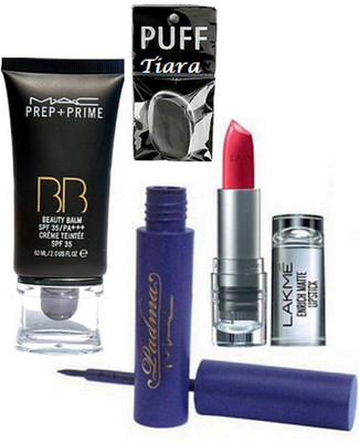 

tiara Silicon puff & Mac Padma Liquid Eyeliner, Prep+Prime BB BEauty Balm Cream Foundation & enrich Matte Finish Long Lasting Lipstick(Set of 4)