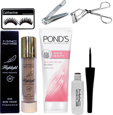 

catherine eyelashes, mac prep+prime highlighter, liquid eyeliner, ponds white beauty face wash, eyelashes curler with nail cutter(Set of 6)