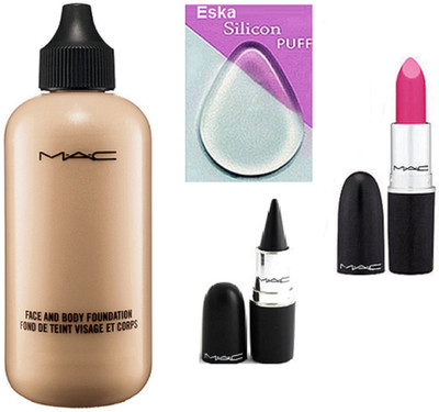 

eska Silicon Puff,Mac Face And Body Foundation, Candy Yum-Yum Lipstick, Stick Kajal(Set of 4)
