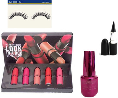 

glorist Eyelashe and huda beauty nail polish ,Mac Look In A Box Be Sensational Mini Lipstick,Kajal(Set of 4)